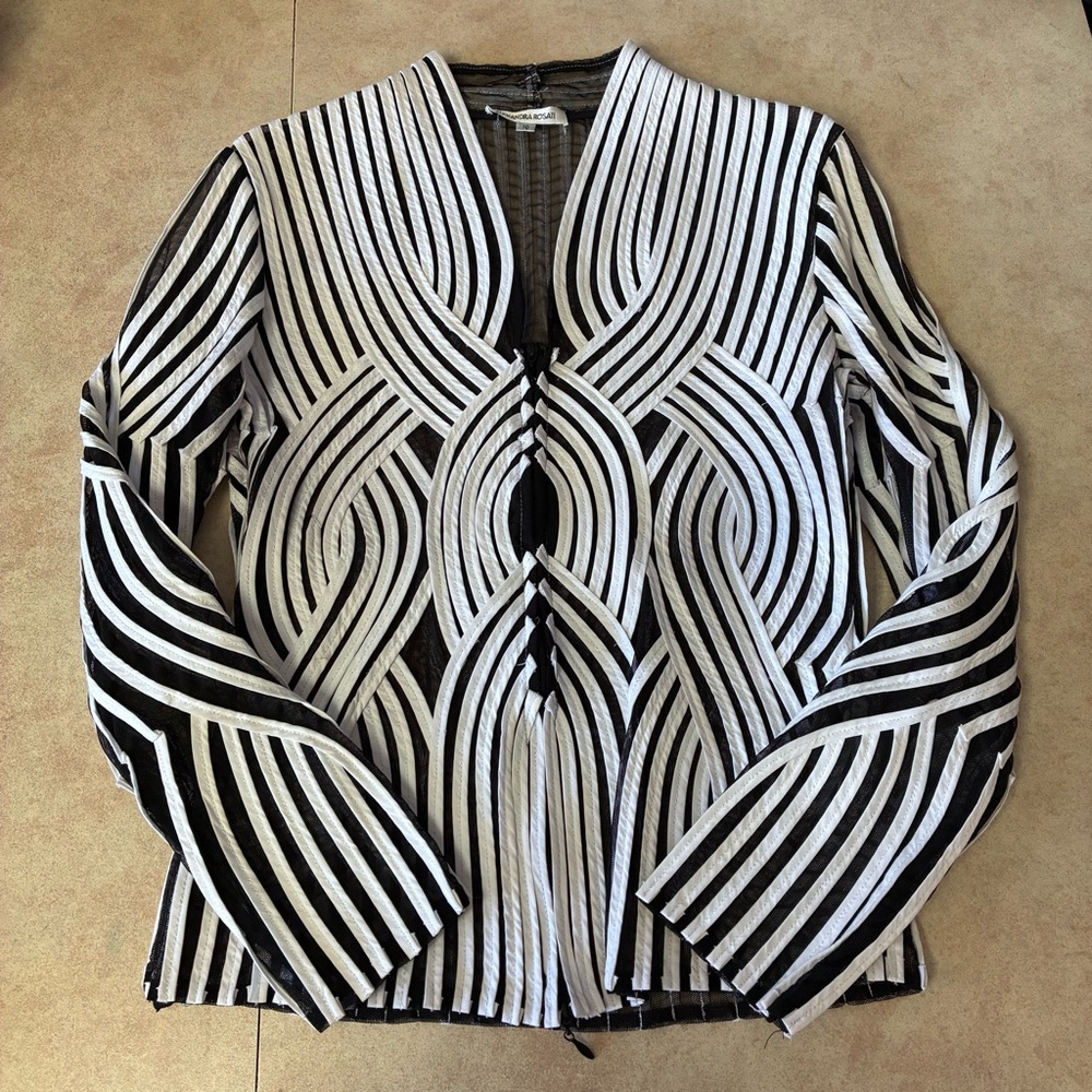 Vtg Alexandra Rosati Zip Up Black Stretch Mesh  White Stripe Details Blazer - Picture 3 of 9